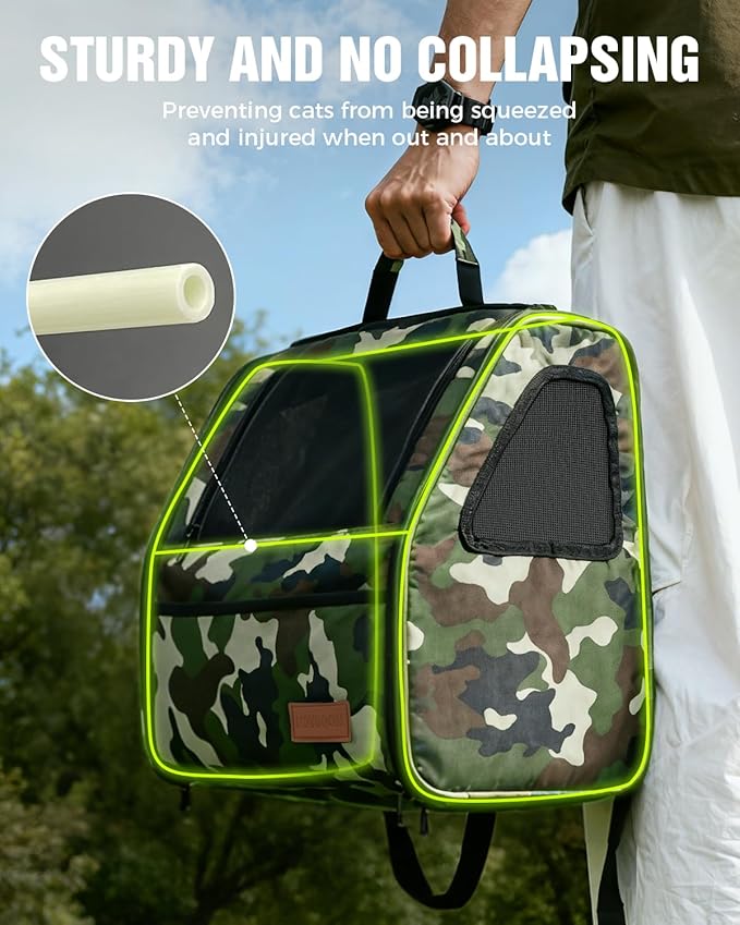 PETUX Cat Backpack Carrier for Small Cat ＆ Dog up to 12 lb - Camouflage Style, Escape-Proof, Widened Interior, 3 Side Breathable Soft Sided Dog Backpack Carrier for Travel, Hiking and Vet - Green