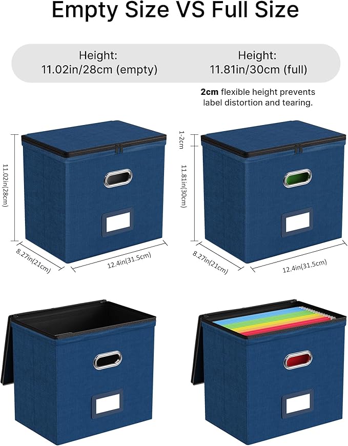 Oterri File Organizer Boxes with Lids, File Box with Mesh Pockets, Document Organizer Box for Letter Size Folders, Zippers Important Document Organizer (Dark Blue, Small-2 Pack Without Folders)