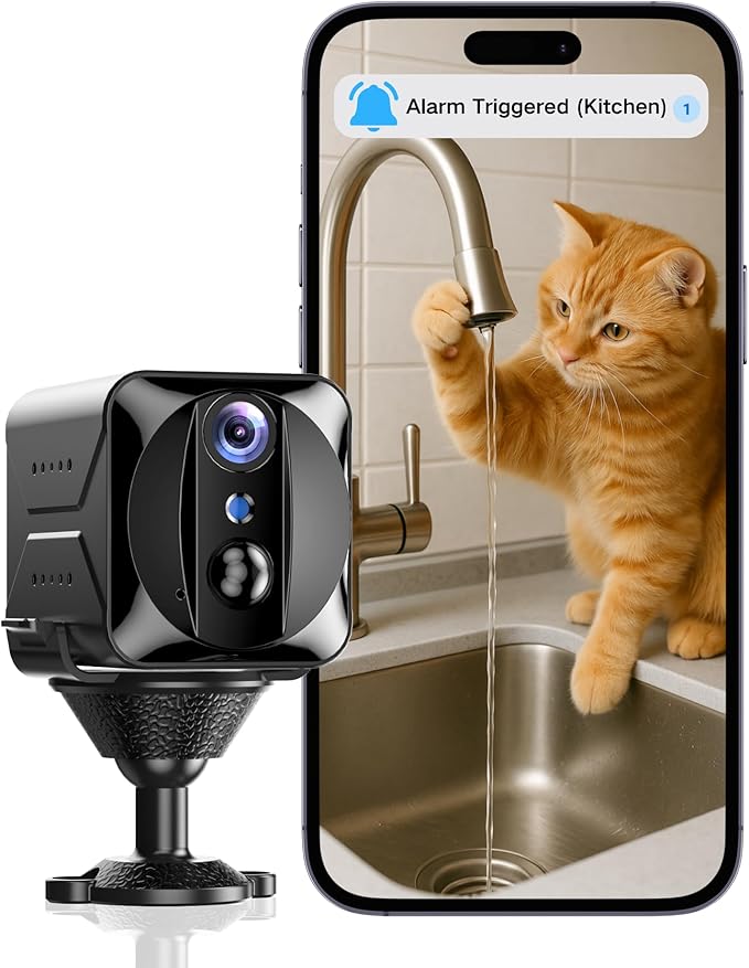 Wireless Indoor Cat Camera, 2K HD Wi-Fi Camera with APP Control, Motion Detection, Auto Night Vision, 100-Day Battery Life, Cloud & SD Storage, Nanny Cam Pet Cameras