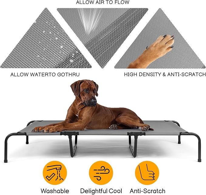 Elevated Pet Products Beds Outdoor Dog Cot for Large Dogs, Raised Dog Hammock Cooling Bed Frame with Washable Cooling Breathable Mesh Anti-Slip Feet, Indoor & Outdoor Pet Dog Bed, 60 Inche Light Gray