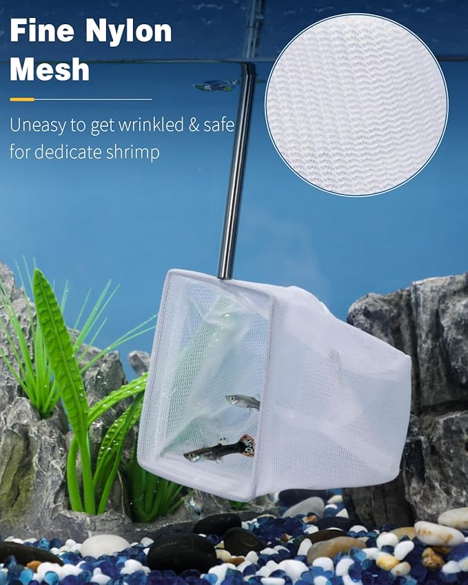 Pawfly 3 Inch Tiny Fish Tank Net, Aquarium Shrimp Net with Extendable Stainless Steel Handle for Shrimp Baby, Food Residue Debris, Soft Square Fine Mesh for Fish Tanks & Small Ponds