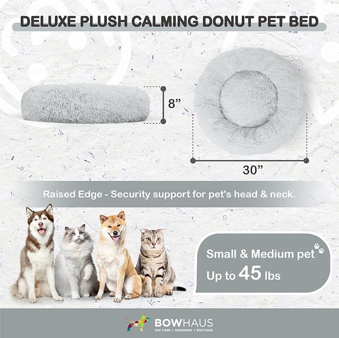 24/30 Inch Calming Donut Pet Bed for Small/Medium Cats and Dogs, Anti-Slip Bottom, Washable, Anti-Anxiety Fluffy Round Cat Bed, Indoor Shaggy Cuddler Cotton Candy Brown, Light Gray, Pink Bed