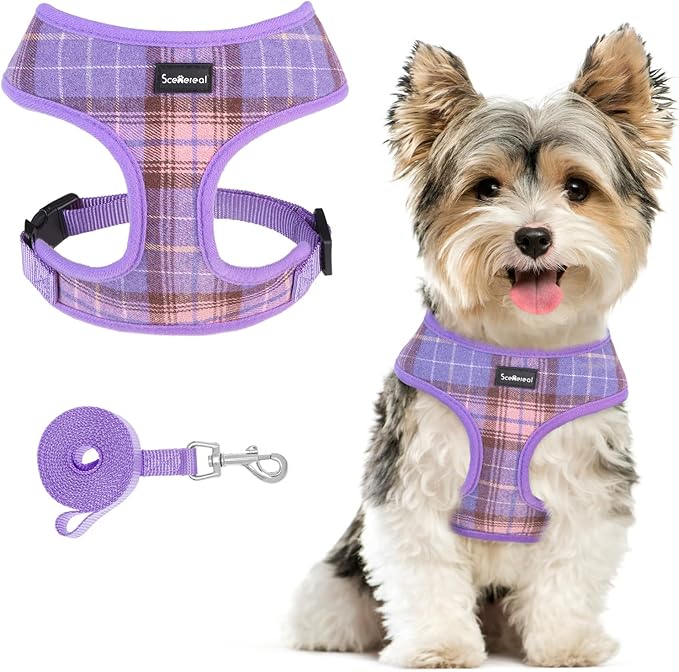 SCENEREAL No Pull Dog Harness with Leash Set for Small Dogs - Breathable Soft Mesh Vest, Plaid Design for Daily Walking Training, Fits Chihuahua Bulldog, Purple Size S
