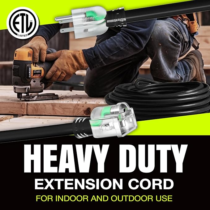 50ft Outdoor/Indoor Extension Cord 12/3 Gauge Extra Heavy Duty 3 Prong SJTW, Waterproof, ETL Listed, Flexible Cold-Resistant Long Power Cord,15A 125V 1875W, Black by LifeSupplyUSA