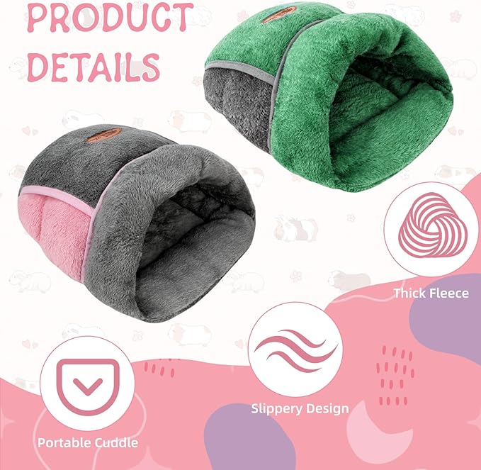 YUEPET 2 Pack Guinea Pig Hideout Portable Guinea Pig Pocket Bedding Cozy Cuddle Sack Snuggle Bag Bunny Bed for Small Animals Hamster Ferret Hedgehog Chinchilla Rabbit Cage Accessories (Grey+Green)