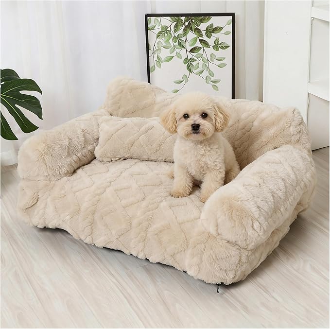 Plush Calming Pet Sofa Bed, Raised Rim, Removable Cover & Non-Slip Bottom for Cats & Dogs, Calming Dog Bed Fluffy Plush Dog Mat for Furniture Protector with Removable Washable Cover (Beige, Medium)