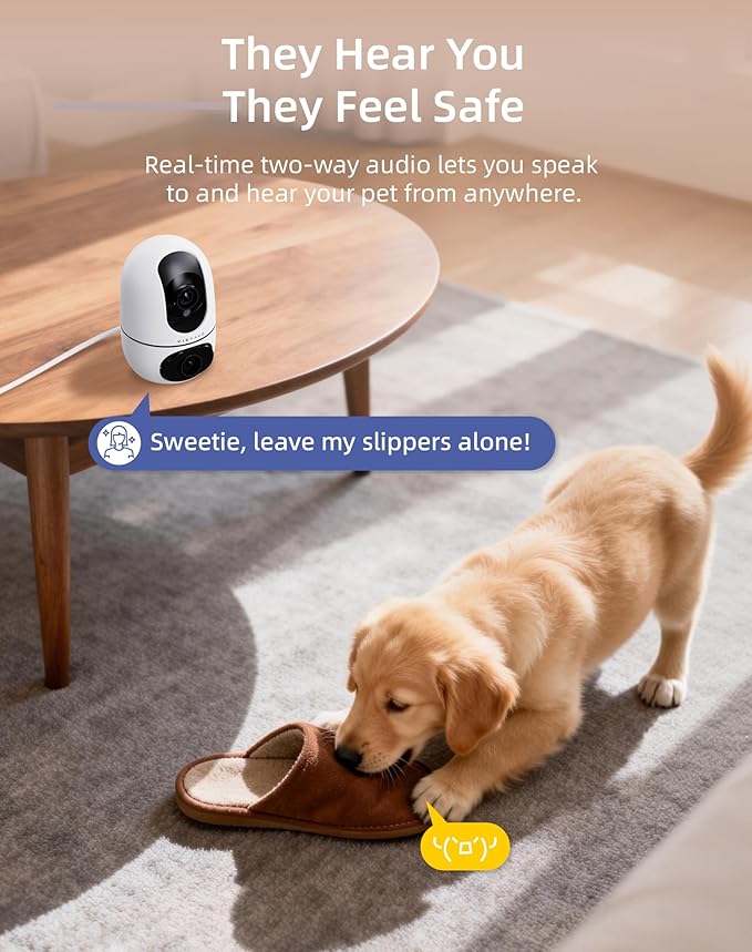 VIRTAVO Pet Camera Indoor for Dogs & Cats, 360° PTZ Pet Monitor with Motion Tracking, Dual‑Lens, 2‑Way Audio, Night Vision, No Subscription, Wi‑Fi 6 (2.4GHz/5GHz), SD & Cloud Storage
