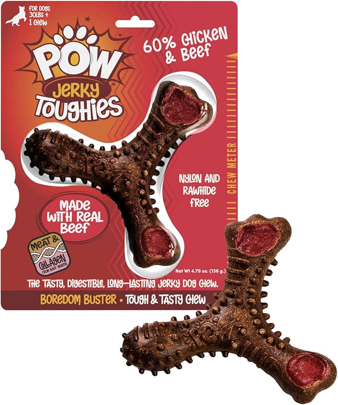 POW Jerky Toughies Tri-Bone Beef Dog Chew, Rawhide-Free & Nylon-Free, Real Beef & Collagen, Dental Texture, for Moderate Chewers and Dogs Over 30 lbs, 1 Count
