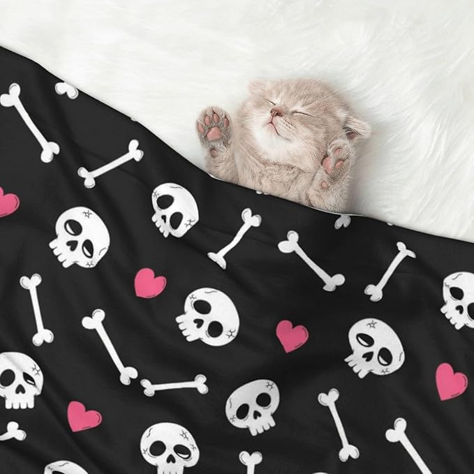 Reversible Plush Dot Pet Blanket for Dogs and Cats, Cartoon Skulls with Hearts On Black, Ultra Soft Two Sided Design with Warm Fuzzy Side and Smooth Side for Comfort