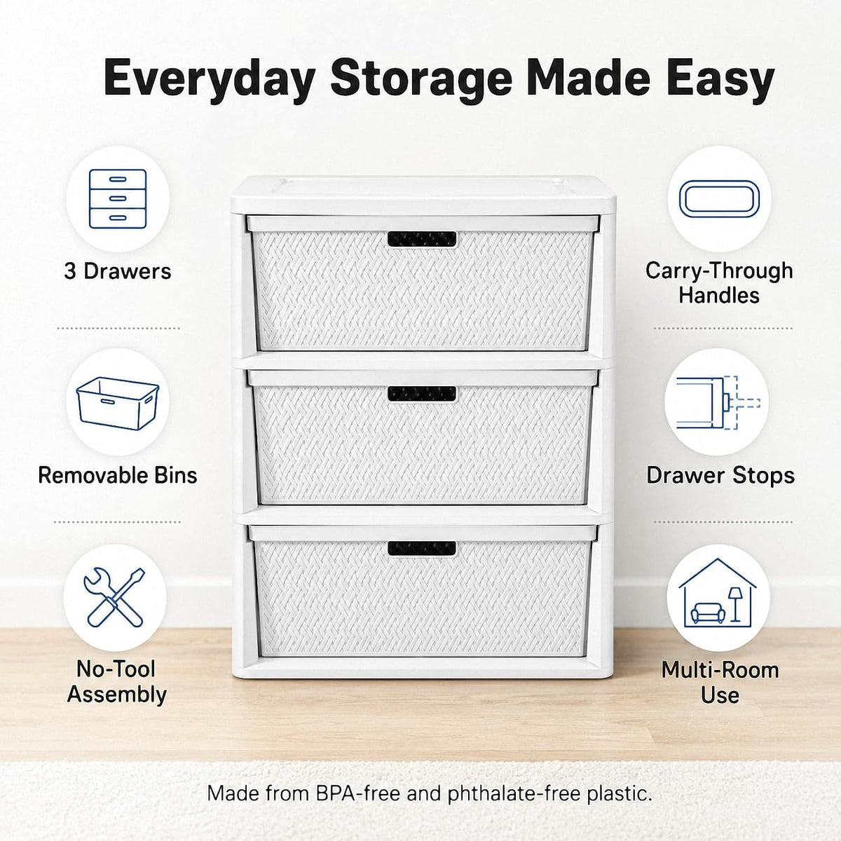 3 Drawer Storage Organizer, Plastic Drawer Organizer Tower, White