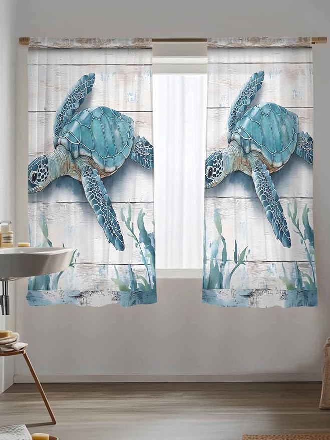 Sheer Curtains 63 Inch Length, Teal Green Sea Turtle Semi Sheer Curtains Light