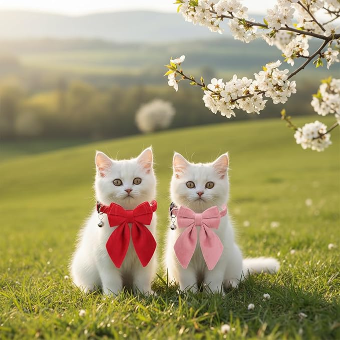 2Pcs Cat Collars for Girl Cats Breakaway Pink Cat Collar with Removable Bow Adjustable Kitten Collar with Bell for Cute Kitten Girl Cats （Pink Red）