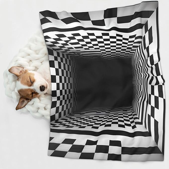 Waterproof Dog Blanket Soft Pet Blanket for Puppy Cat, Fleece Cat Throw Blankets for Furniture Bed Couch Sofa Reversible - 3D Black and White Checkerboard Tunnel