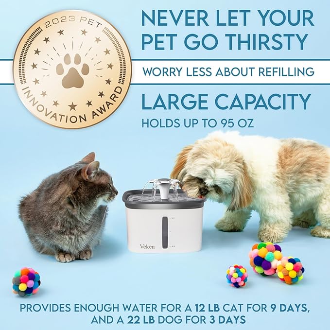 Veken Innovation Award Winner 95oz/2.8L Pet Fountain, Automatic Cat Water Fountain Dog Water Dispenser with 6 Replacement Filters & Silicone Mat for Cats, Dogs (Grey, Plastic)