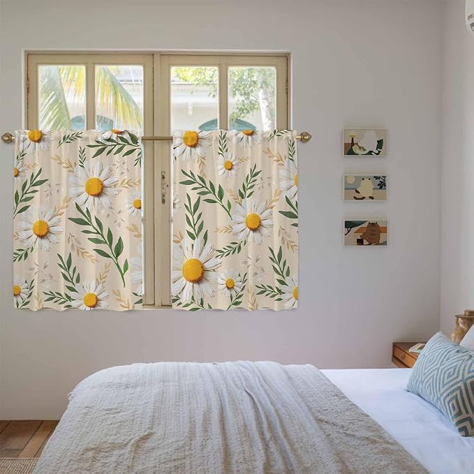 Spring Daisy Kitchen Curtains, Country Watercolor Flower Leaf Plant Light