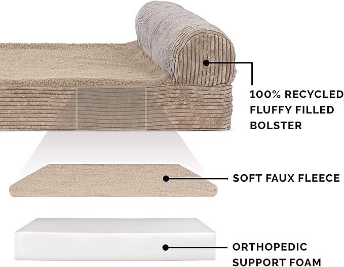 Furhaven Orthopedic Dog Bed for Large Dogs w/ Removable Bolster & Washable Cover, For Dogs Up to 125 lbs - Fleece & Corduroy Bolster Chaise - Sandstone, Jumbo Plus/XXL