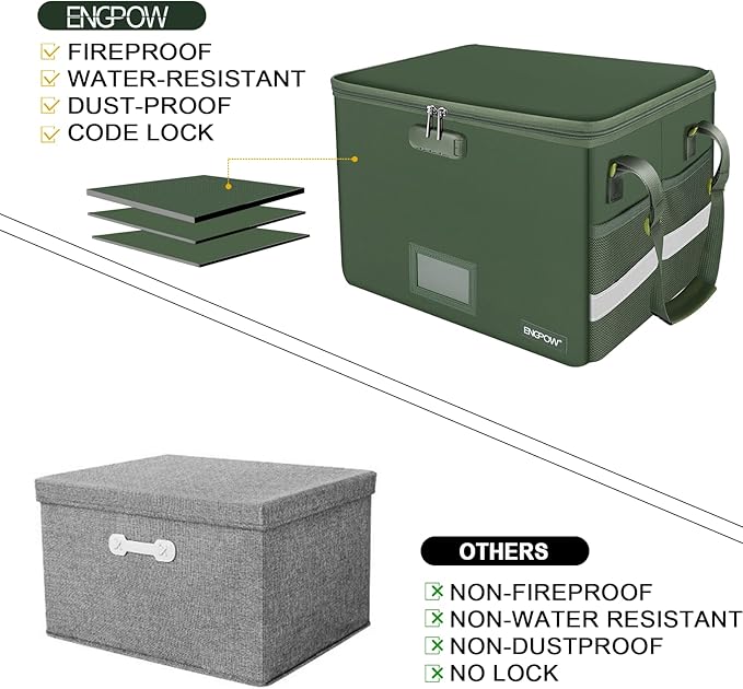 ENGPOW File Box with Lock, Fireproof Document Box with Pockets, Collapsible File Organizer Filing Storage Cabinet with Handle, Portable Home Office Safe for Hanging Letter/Legal Folders,Green,2 Pack