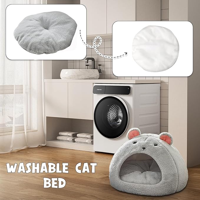 Cozy Mouse Ear Pet Cave Bed Ultra-Soft Gray Plush cave Bed, Cat Cave Beds Cat House Cat Tent with Removable Washable Cushioned Pillow, Cat Beds&Dog Beds,Perfect for Small & Medium Pets(Big)