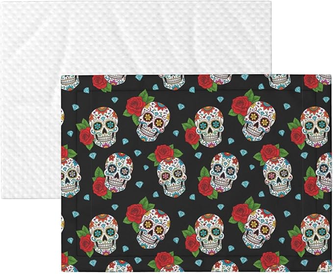Dog and Cat Blanket in One, Floral Rose Flowers Day of The Dead Sugar Skulls, Double Sided Plush Throw with Raised Dot Pattern on One Side and Flat Velvet on Other for Variety