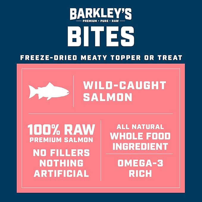 Barkley’s Bag Salmon Bites, Freeze Dried Dog Treats and Food Topper, Made with Wild-Caught Salmon, Bite-Sized Whole Pieces for Training Rewards, for All Dog Breeds, Ages & Sizes, 4 Oz Bag (1 Pack)