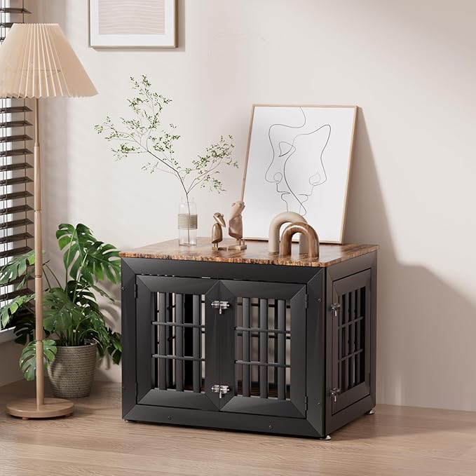 32" Heavy Duty Dog Crate Furniture for Small,Medium and Large Dogs,Rustic Wooden Dog Cage Kennel Indoor Furniture with Waterproof Top,Decorative Pet House Side End Table (Black & Wood)