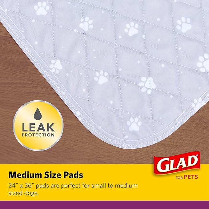 Glad for Pets Washable Training Pads, Medium Size (24”x36”), 6 Pack Gray with Paw Prints| Re-usable Cloth Dog Training Pads with 3 Layers of Leak Protection and No Slip Grip Vinyl Bottom