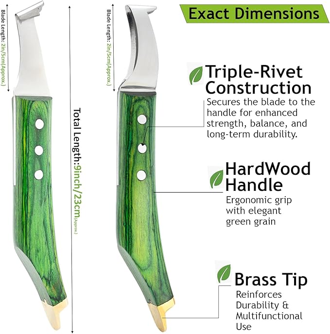Premium Farrier Loop & Hoof Knife with Brass End – Professional Hoof Trimming Tool for Horses, Cows & Livestock, Stainless Steel Blade, Ergonomic Wood Handle (Green)