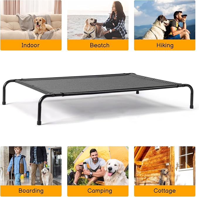 Elevated Dog Bed Raised Outdoor Dog Cot for Large Dogs, Raised Dog Hammock Cooling Bed, Frame with Washable Cooling Breathable Mesh Anti-Slip Feet, Indoor and Outdoor Pet Bed, 50 Inches Black