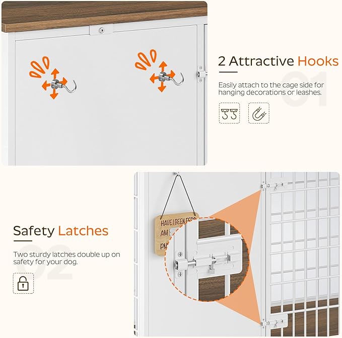 Foldable Dog Crate Furniture, Dog Crate with DIY Frame, Heavy Duty Dog Kennel Indoor with Hooks, Wooden Dog Cage End Table, for Small/Medium Dogs, White and Walnut DC95WH