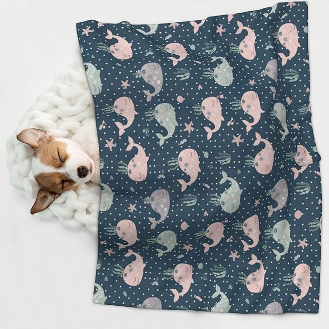 Pet Blanket for Travel and Home, Cute Whales Mandala Blue, Reversible Plush Dot Design with Soft Grip Texture on One Side Perfect for Car Seats Moving Vehicles