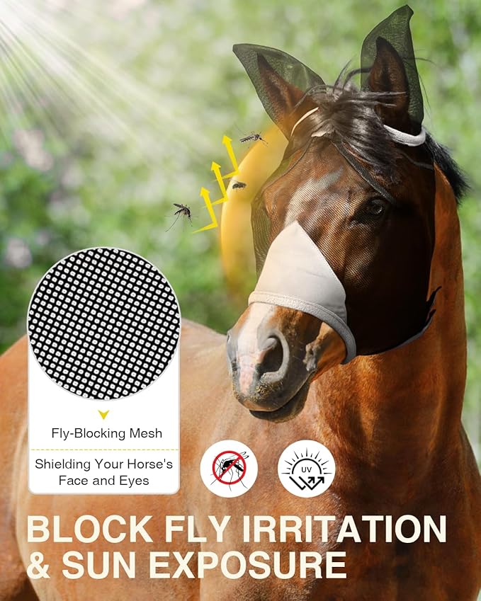 Hilltown Adjustable Fly Mask for Horse with Ears - UV-Block, Large Eye Space, Breathable, Built to Last, Comfort Fit - Horse Fly Mask for Daily Stable, Hot Weather Riding & Competition - X-Full, Grey