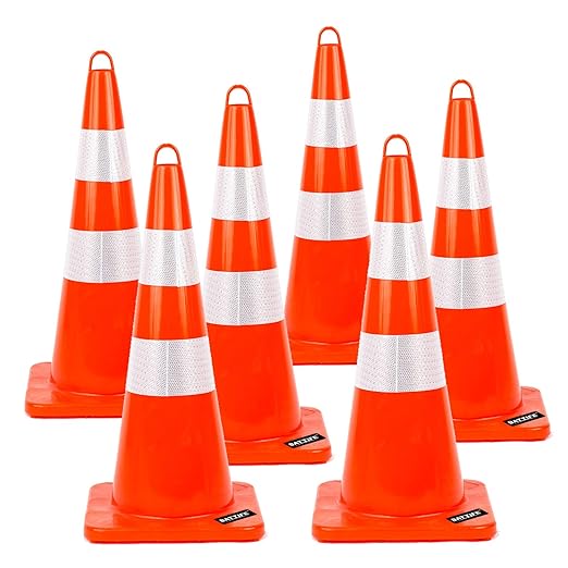 BATTIFE 28 Inch Traffic Safety Cones 6 pcs with Reflective Collars, PVC Orange Construction Cones for Home Road Parking Use