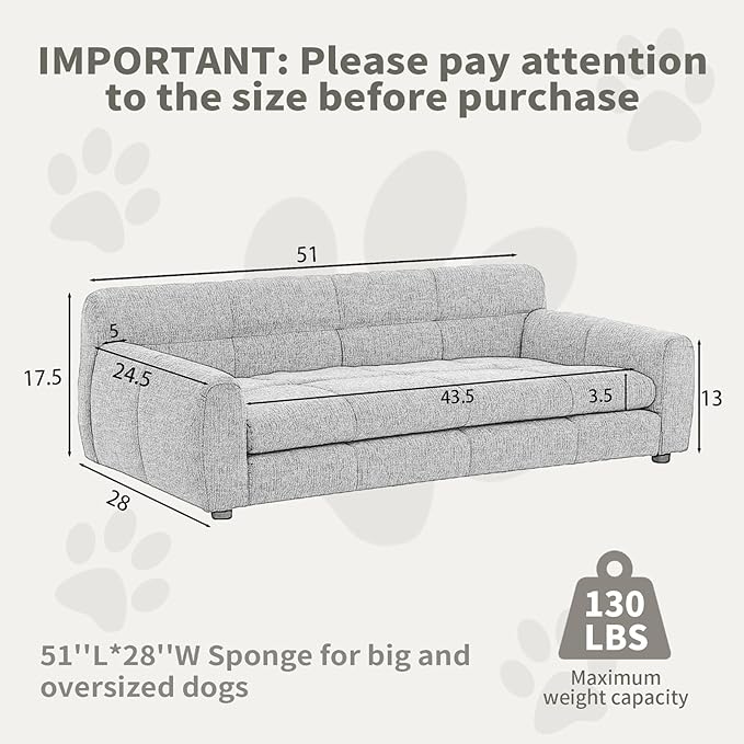 51" Soft and Comfortable Pet Bed for Large and Oversized Dogs, Durable Elevated Dog Sofa with Armrest and Backrest, Modern Linen Fabric Dog Couch,Beige