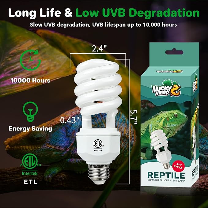 LUCKY HERP UVA UVB Reptile Light 5.0, Tropical UVB 100 Compact Fluorescent Lamp, UVB Light for Reptiles 23W, UVA UVB Reptile Light Bulb, UVB Bulb for Reptiles Chameleons Lizards Tortoises Snakes