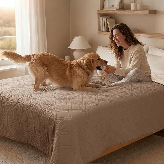 100% Waterproof Dog Couch Protector, Triple-Layer Waterproof Dog Bed Cover Pet Blanket Reversible 2-Tone Sofa Shield, Non-Slip Furniture Guard for Pets(68×82 Inch, Taupe+Apricot)