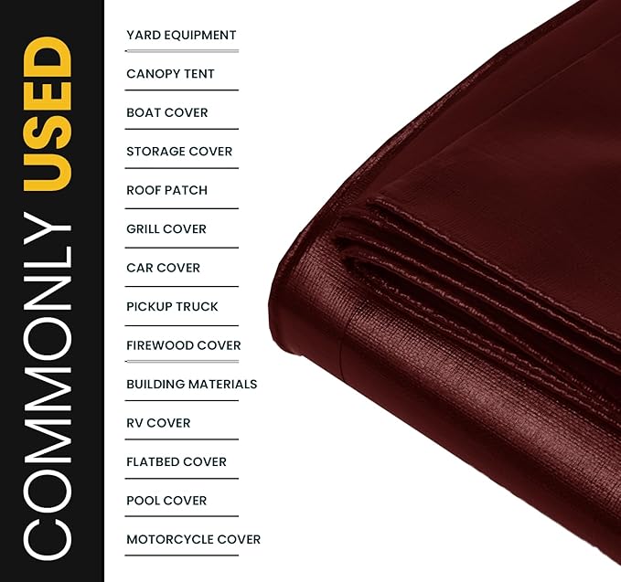PROTARP Extra Heavy Duty 16 Mil Tarp Cover, Waterproof, UV Resistant, Rip and Tear Proof, Poly Tarpaulin with Reinforced Edges for Roof, Camping, Patio, Pool, Boat. (Maroon/Black 12′ X 12′)