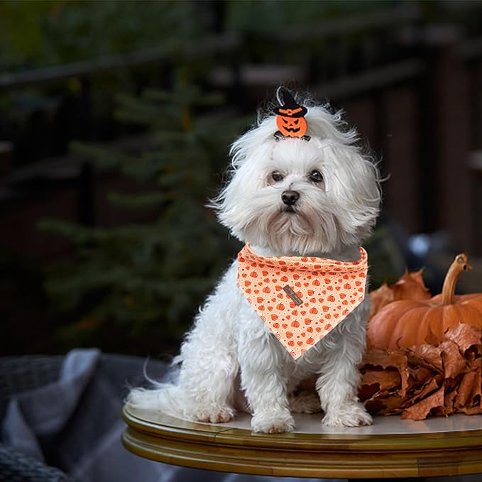 Dog Bandana, 1PC Pumpkin Print Dog Bandanas Halloween Bandanas Fall Bandanas Comfortable Bandanas Bibs Scarf Square Soft Dog Kerchief Pet Bandanas for Small Medium Large Dogs