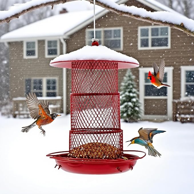 Bird Feeders for Outdoors, Hanging Metal Bird Feeder with 4.5LB Large Capacity, Red Wrought Iron Feeder,Sturdy & Weatherproof, Easy to Clean & Refill, Great for Attracting Wild Birds