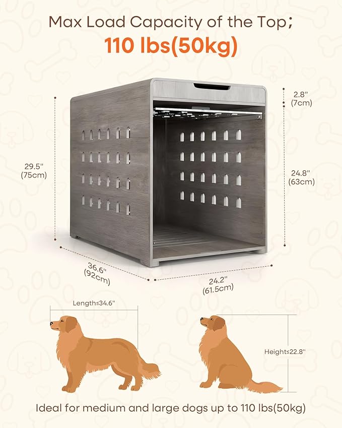 Modern Dog Crate Furniture with Charging Station Large Kennel Indoor with Flip-up Hidden Acrylic Door for Large and Medium Breeds up to 110lb Wood Pet End Side Table Cage, Grey