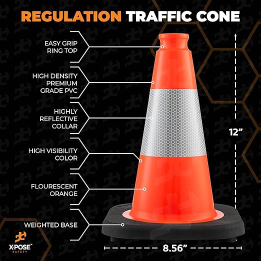 Xpose Safety 12 Inch Orange Traffic Cones with 4" Collar - 1 Pack Multipurpose PVC Plastic Safety Cone for Parking, Soccer, Caution, Kids and Construction -DOT Approved