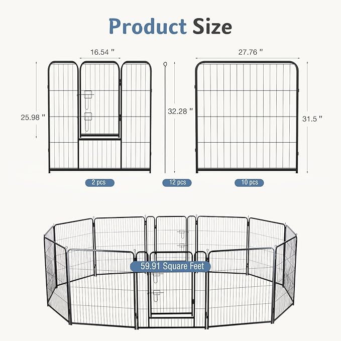 DUMOS Dog Playpen Indoor, Metal 32 Inch 12 Panels Foldable Pet Fence with Door, Outdoor Small Medium Large Dog Puppy Portable Exercise Play Pen for RV Camping, Trips, Play Yard