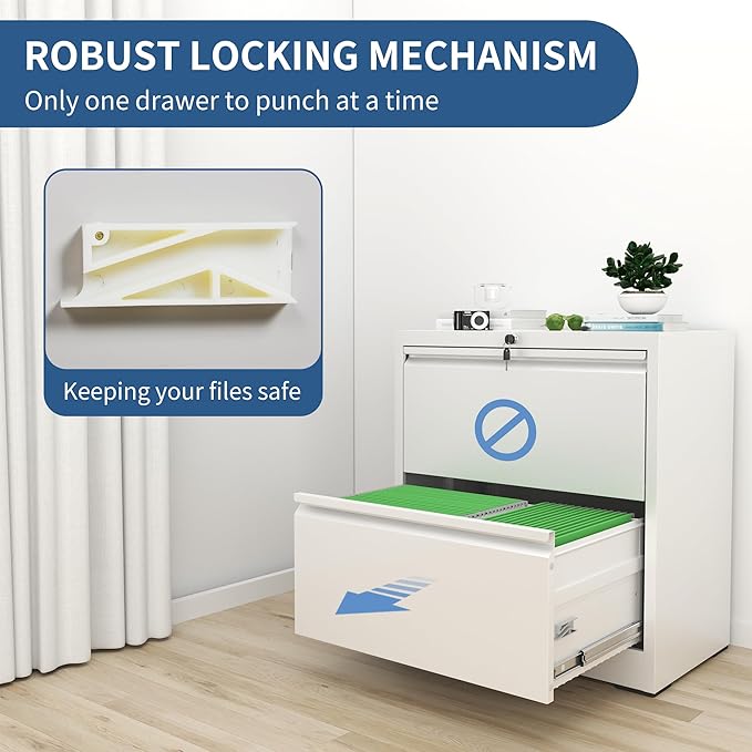 2 Drawer File Cabinet with Lock, White Metal Lateral Filing Cabinets for Home Office, Heavy Duty Steel Horizontal Locking Storage Cabinet for Legal/Letter/A4 Size File, Assembly Required