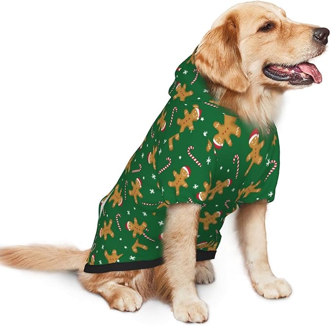 Green Christmas Gingerbread Men Candies Hoodie,Christmas Cosplay Dog Clothes with Pocket and Hat Winter Clothes Sweaters Large