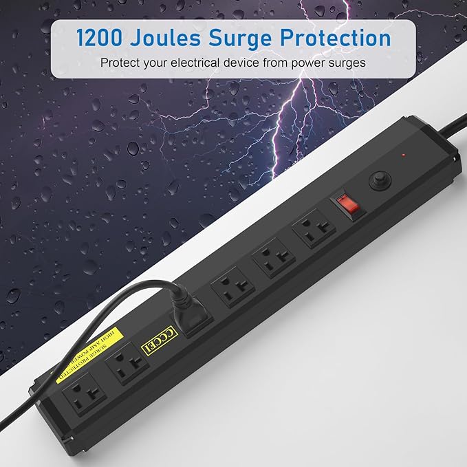 CCCEI Heavy Duty Power Strip Surge Protector 20 Amp, High Amp Industrial Shop Garage Metal Multiple Outlets, 10 FT 12 Gauge 5-15P Extension Cord 6 Outlet 6-20R T-Slot 20a for Appliance. Black.