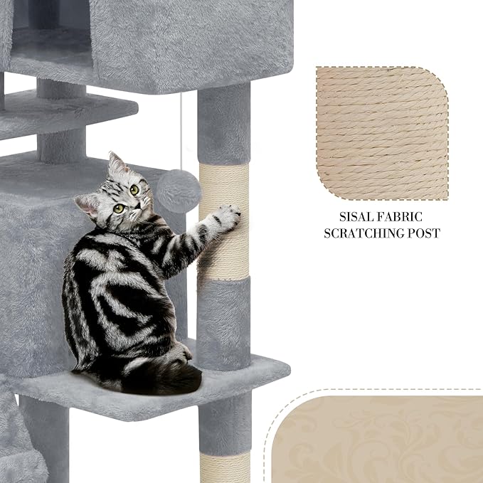 Athena Collection Cat Tree, 62 Inch Cat Tree Tower for Indoor Cats, Multi-Level Cat Tower House Activity Center with 2 Cat Condo & Scratching Post & Dangling Ball, Tall Cat Climbing Tower, LightGray