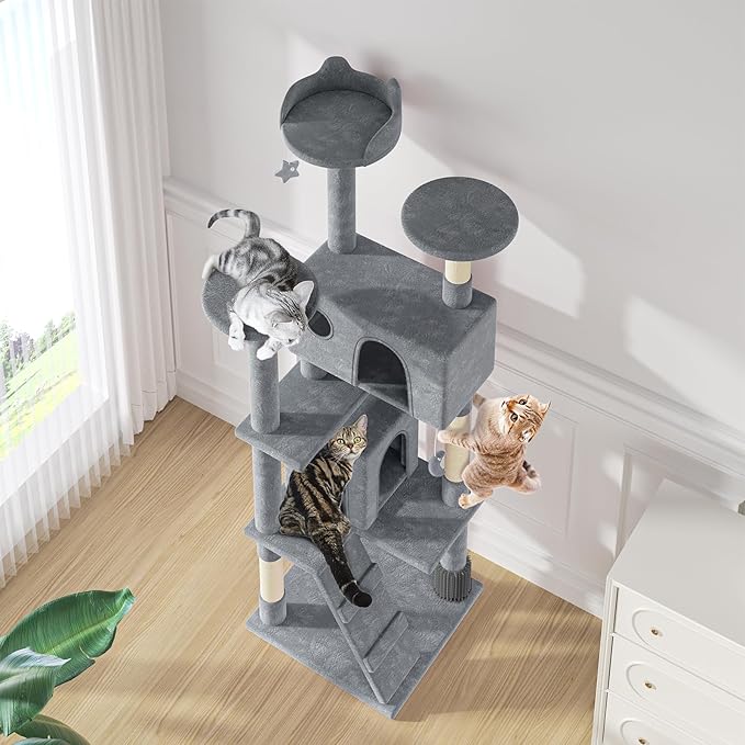 MoNiBloom 77 Inch Cat Tree Tower for Indoor Cats Large Adults, Tall Cat Tower with Scratching Post, Multi-Level Furniture Activity Center with Cat Condo Pet Play House, Light Grey