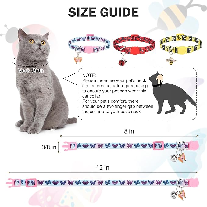 Cat Collar Breakaway with Bells, 3 Pack Spring Flower Cat Collars for Girl Boy Cats, Cute Kitten Collars with Safety Buckle Adjustable 8"-12" for Outdoor Indoor Kitty Puppy Small Pets, Insect