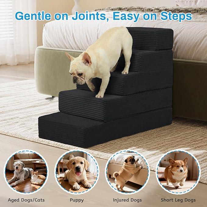 Dog Stairs for Small Dogs, 5 Step Pet Stairs for High Beds and Couch, Dog Steps for Bed Balanced 22.4" H, Foldable Pet Ramp for Large Cats Climb, Non-Slip Bottom Doggy Step, Black