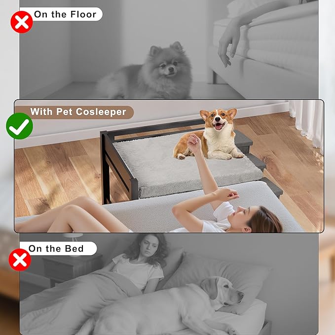 Bedside Dog Bed with Mattress - Raised Wooden Pet Cosleeper with Guardrail, Removable Mattress & 3-Step Foldable Stairs, Freestanding Bassinet-Style Elevated Dog Bed for Medium Sized Dogs