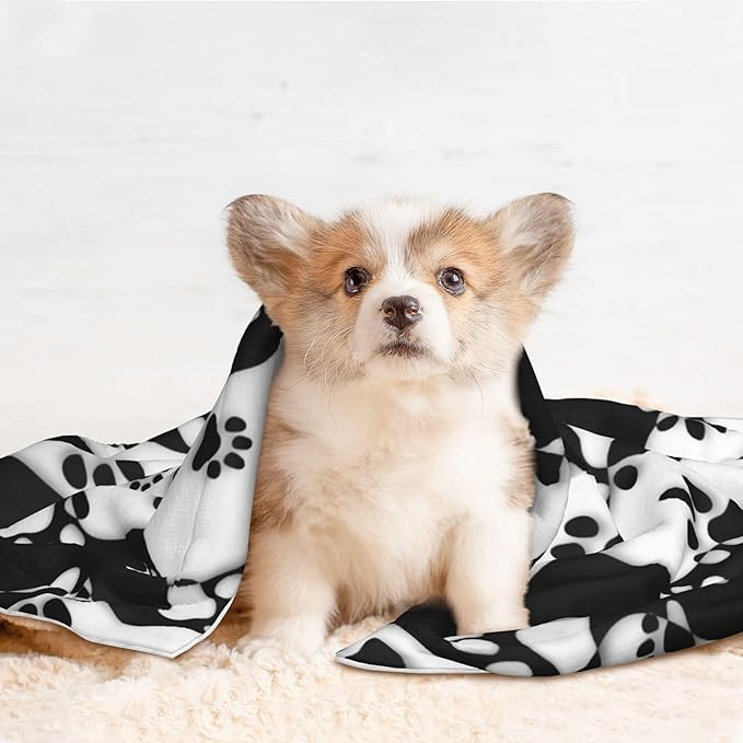 Black White Paw Throw Blanket - Stripes Blanket for Dog Cat Pet Blankets 23x16 for Couch Sofa Bed